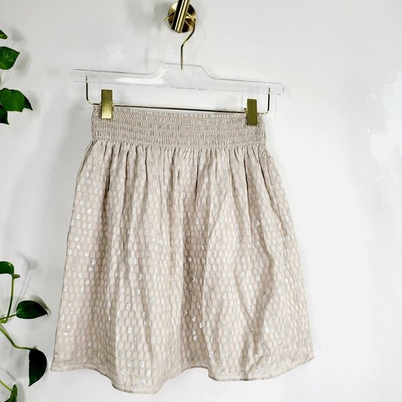 CLUB MONACO Silk Beige Metallic Silver Mini Skirt SMALL Polka Dot Smocked Relax‎ - Picture 1 of 10
